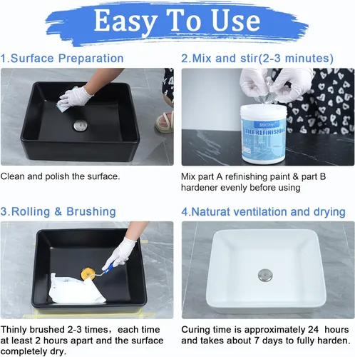 Vista 9 de BEKOMN Pintura para Bañera, Kit de Renovación de Bañera y Azulejos 33oz con Herramientas, Pintura para Bañera Blanca a Base de Agua de Bajo Olor