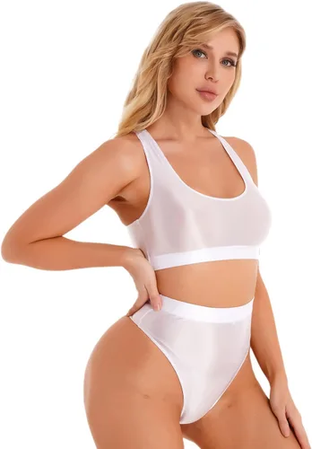 Vista 5 de MSemis Brasier deportivo de seda de aceite para mujer, 2 piezas, de cintura alta, tanga, yoga, entrenamiento, fitness, traje atlético