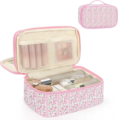 Vista 20 de Relavel Bolsa de maquillaje pequeña para mujer y niña, bolsa de maquillaje y brochas portátil de 2 capas, organizador de brochas de regalo de Navidad