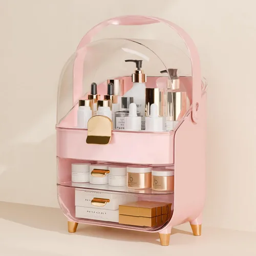 Vista 6 de Organizador de maquillaje para encimera con tapa y cajones, caja grande de exhibición de cosméticos para cuidado de la piel, soporte para escritorio