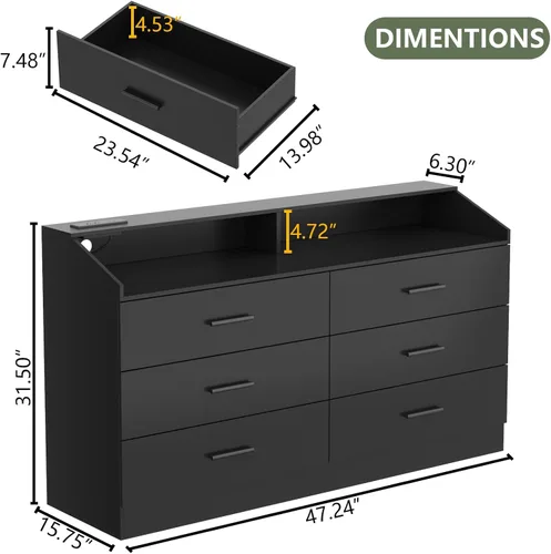 Vista 2 de Cómoda de 6 cajones, cómoda para dormitorio con toma de corriente, cómoda moderna con luz LED, cómoda de almacenamiento con compartimento de Negro