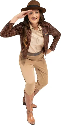 Vista 4 de Jazwares Disfraz de Indiana Jones para mujer, camisa y chaqueta con logotipo, pantalones, cinturón con hebilla y sombrero