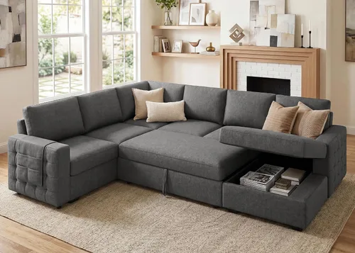 Vista 15 de HONBAY Sofá cama seccional con cama extraíble, sofá seccional en forma de U con diván de almacenamiento, sofá seccional de 6 plazas, terciopelo negro