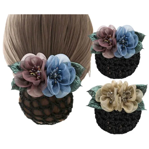 Vista 5 de Paquete de 3 pinzas para el pelo de flores de seda para mujer, cubierta de moño para el cabello, pasadores de red de red de encaje con lazo