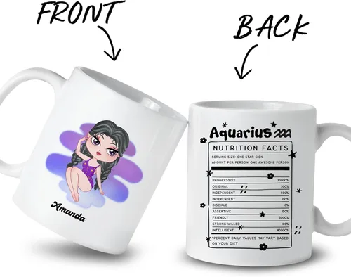 Vista 2 de Gossby Taza de café personalizada con signo de acuario, taza personalizada de horóscopo de 11 onzas para mujeres con diseño, nombre, información