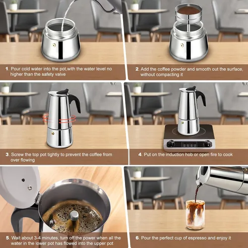 Vista 8 de 12 Tazas Cafetera de Espresso para Estufa Olla de Moka de Acero Inoxidable Percolador de Cocina Superior Cafeteras de Café Italianas Capaz