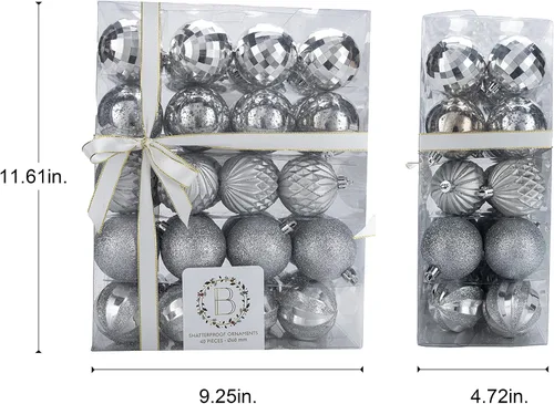 Vista 2 de Becki Owens Adornos de Navidad inastillables – Juego de 40 adornos inastillables de plata metálica y blanco mate – Adornos irrompibles para árbol