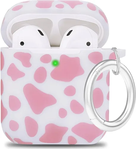 Vista 31 de LitoDream - Funda de silicona suave y flexible con llavero para Apple AirPods 2 y 1, para niñas (vaca; blanco con cactus)