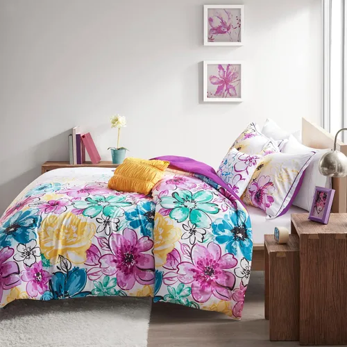 Vista 11 de Juego de edredón de Intelligent Design con diseño floral vibrante, ropa de cama para niñas, juego de funda de almohada combinada, almohada Floral