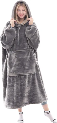 Vista 33 de Waitu - Sudadera tipo manta, para regalar a hombre o mujer, muy cálida y acogedora, gigantesca, con capucha, de gruesa franela, con mangas y un Negro