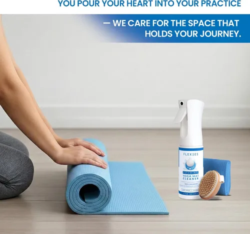 Vista 6 de Flexies Kit de limpieza de esterilla de yoga – Spray de esterilla de yoga a base de espuma con cepillo suave y paño de microfibra Esenciales