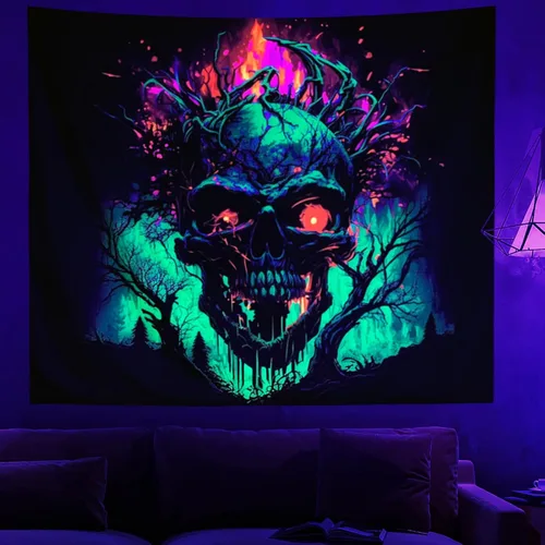 Vista 2 de SparkLia Tapiz de calavera de fuego con luz negra, esqueleto ardiente reactivo a los rayos UV, para colgar en la pared, brilla en la oscuridad