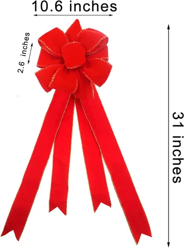 Vista 2 de Lazos grandes de Navidad, 2 unidades, lazos de terciopelo rojo con alambre dorado con colas largas para corona floral, decoración del árbol