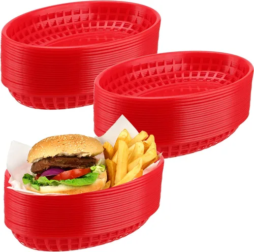 Vista 8 de Paquete de 40 cestas de plástico negro de 8.9 x 5.7 x 1.6 pulgadas, cestas para servir restaurantes, bandeja ovalada de comida rápida para picnic