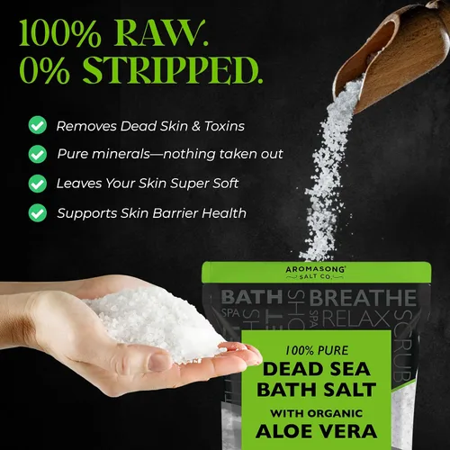 Vista 2 de Aromasong Sal orgánica del mar muerto de aloe vera de 19 libras + baño de recuperación muscular paquete de 3 libras – Hidratación calmante