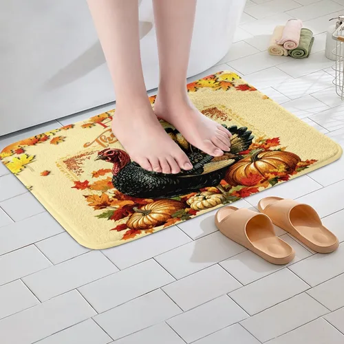 Vista 5 de Erosebridal Thanksgiving Turkey Bathroom Rugs - Fall Leaves Pumpkin Bath Mat for Kids Adults, Vintage Autumn Harvest Door Mat 16 x 24 Inch Rustic