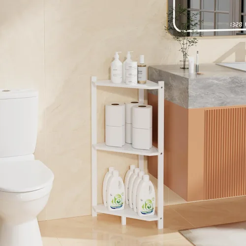 Vista 15 de Wisuce Estante esquinero, estantes esquineros de bambú 100% real, estante organizador de almacenamiento para baño, sala de estar, cocina