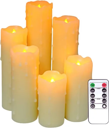 Vista 8 de Velas parpadeantes sin llama que funcionan con pilas (batería incluida) con temporizador de 6 horas, juego de 6 velas LED de cera goteante