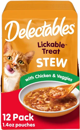 Vista 15 de Hartz Delectables Golosinas húmedas para lamer de estofado para gatos adultos y mayores, pollo y atún, 1.4 onzas (paquete de 12)