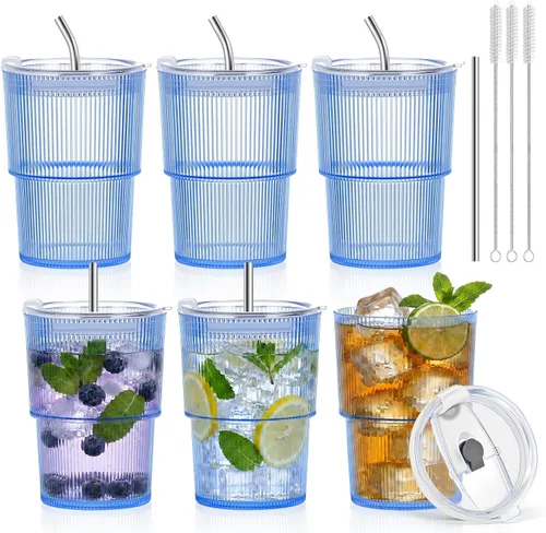 Vista 10 de 2 vasos de plástico de 15 onzas con tapas y pajita, tazas de plástico reutilizables para café helado, a prueba de fugas, vasos de viaje para café