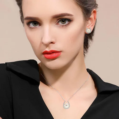 Vista 2 de EVER FAITH Woman's 925 Sterling Silver Cubic Zirconia AAA Freshwater Cultured Pearl Necklace Earrings Set Birthday Mother's Day Jewlery Gift for