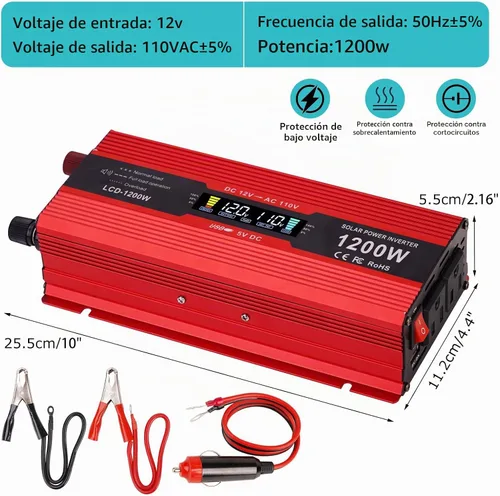 Vista 2 de nomal Inversor de corriente para automóvil de 1200 W, convertidor de CC de 12 V a 110 V CA con pantalla LCD y salidas de CA, inversor de 12 voltios