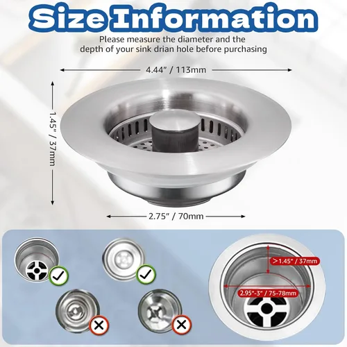 Vista 2 de pollock SUS304 - Tapón de drenaje para fregadero de cocina 4 en 1, tapón de acero inoxidable con cesta coladora, tapón antiobstrucción