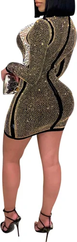 Vista 2 de PORRCEY - Vestido de noche sexy con manga larga y diamantes de imitación para mujer, fiestas y discotecas