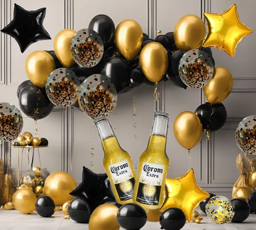 Vista 4 de 18 tazas de cerveza con temática de corona, decoración de fiesta para hombres, globos de felicitación, globos dorados y negros de estrella