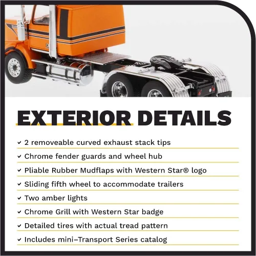 Vista 5 de Diecast Masters Western Star 4900 SB Sleeper Tandem Tractor - Cabina naranja metalizada con rayas negras 1/50
