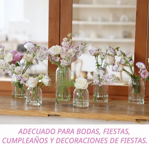 Vista 5 de Juego de 6 jarrones pequeños de vidrio para flores, modernos jarrones cilíndricos acanalados para centros de mesa de boda, decoración de sala