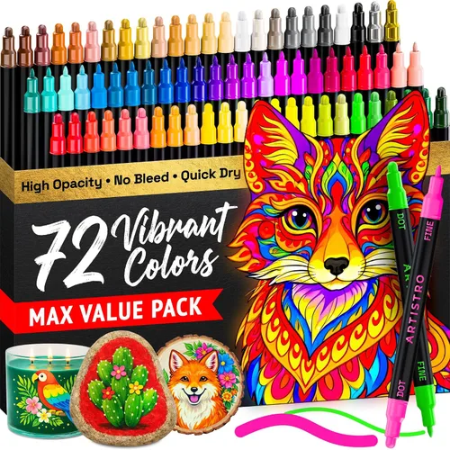 Vista 40 de ARTISTRO 5 marcadores negros de pintura acrílica de doble punta, juego de bolígrafos de pintura con puntos y puntas finas para tela, rocas, vidrio