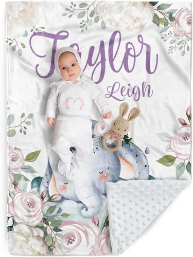 Vista 25 de Manta de bebé personalizada, manta de felpa suave con respaldo de puntos de doble capa para niños y niñas, nombre personalizado con diseño de animal