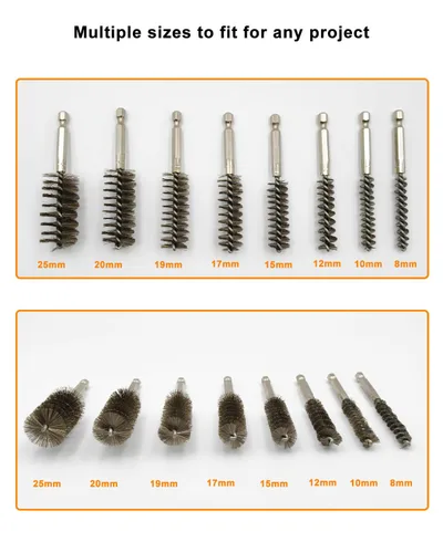 Vista 3 de Cepillo de alambre de acero inoxidable para taladro, accesorio redondo largo para limpiar el óxido 10Pcs Stainless Steel & Brass Wire Brush Set 8