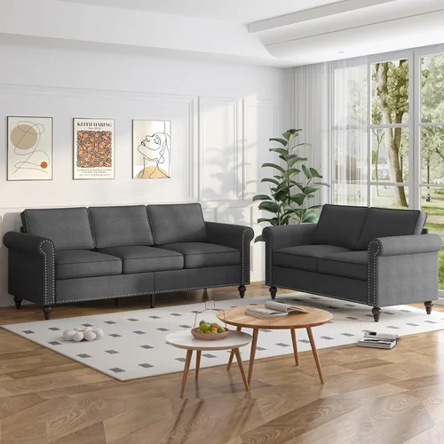 Vista 13 de PUREMIND Juego de sofá de 2 piezas para muebles de sala de estar, juego de sofá y silla de oficina moderno de lino con patas de madera maciza, sofá