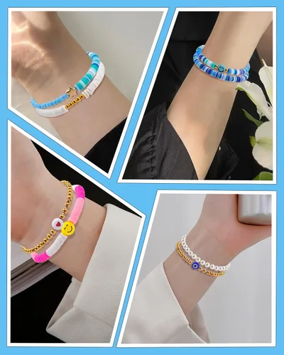 Vista 6 de Abitoncc Preppy Heishi - Juego de pulseras de surfista para niñas adolescentes, bonitos aretes estéticos, anillos estéticos preppy coloridos de oro