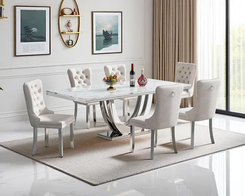 Vista 44 de SSLine Juego de mesa de comedor de mármol sintético blanco de 68 pulgadas