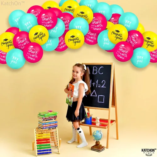 Vista 6 de KatchOn, Juego de globos de graduación azules, amarillos y rosados, 12 pulgadas, paquete de 75 Globos de graduación de felicitaciones, globo Yay