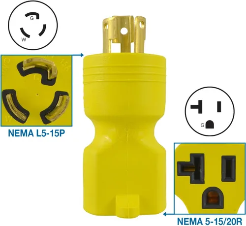 Vista 2 de Conntek 30128-YW Adaptador de enchufe de bloqueo NEMA L5-15P a NEMA 5-15/20R Amarillo