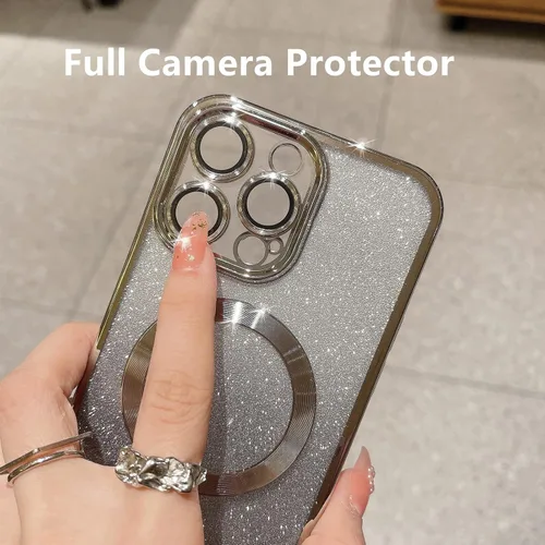 Vista 3 de Funda magnética Gardient con purpurina para iPhone 15 Pro Max, bonita funda chapada compatible con MagSafe para mujeres y niñas, protector de cámara