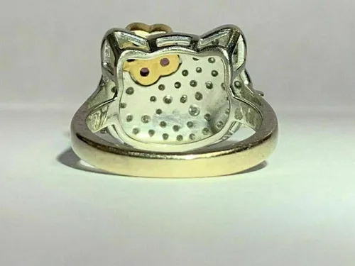 Vista 5 de Hello Kitty - Anillo de diamante de corte redondo de 2 quilates, plata de ley 925 maciza, anillo Art Deco, regalo de mujer, lindo anillo de gatito