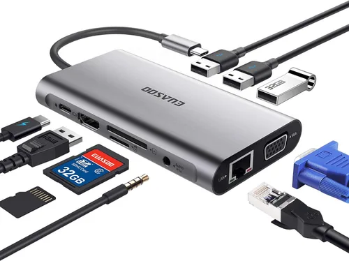 Vista 10 de EUASOO Estación de acoplamiento USB C de triple pantalla 11 en 1 con HDMI 4K dual, Ethernet Gigabit de 1000 Mbps, PD 3.0, 4 puertos USB