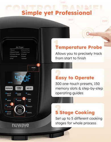 Vista 8 de Nuwave Duet Olla a Presión Eléctrica y Freidora de Aire Combo, 450 EN 1 Olla de Cocción Lenta y Parrilla con Sonda de Temperatura Digital Integrada