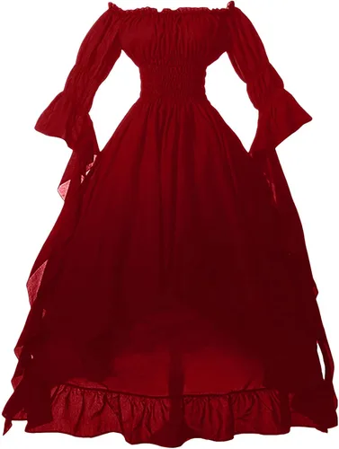 Vista 5 de Vestido victoriano para mujer, disfraz medieval vintage, manga abombada, hombros descubiertos, vestido de princesa renacentista alto y bajo