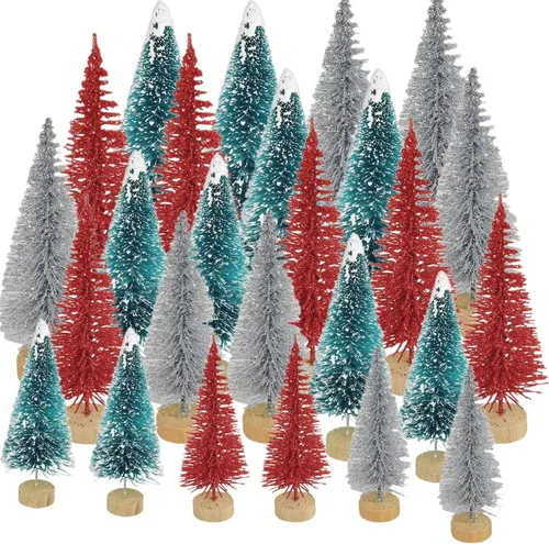 Vista 15 de 24 piezas de árboles de cepillo para botellas, decoración de Navidad, mini árbol de Navidad blanco con base de madera, árbol de pino de sisal