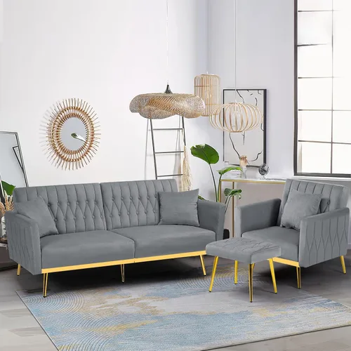 Vista 20 de 2 Pieces Velvet Chairs w/Adjustable Backrest & Ottoman, Baby Blue Azul bebé
