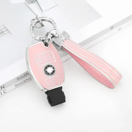 Vista 7 de PIFOOG Funda para llavero Mercedes, 3 botones, color rosa, TPU brillante, accesorios para llaves de automóvil, funda protectora para Mercedes Benz