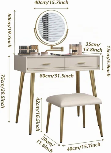 Vista 3 de Juego de escritorio con espejo giratorio de 360° y luces, pequeño tocador de maquillaje con cuero de microfibra, mesa de tocador con 2 cajones Beige