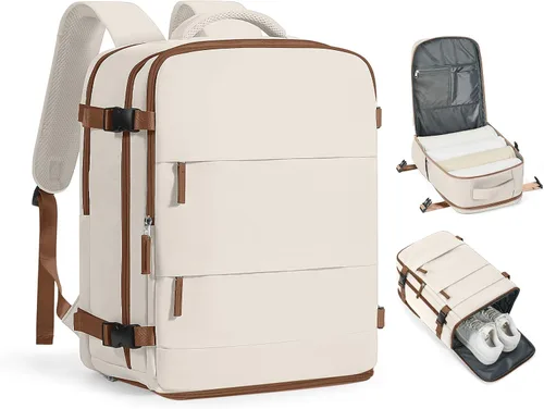 Vista 77 de Mochila de viaje grande, bolsa de mano, aprobada para aviones, para artículos personales, para hombre o mujer, color beige con marrón