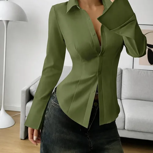 Vista 2 de Women's Slim-Fit Button-Down Long-Sleeved Casual Shirt, Fitted Work Blouse for Office Commuting